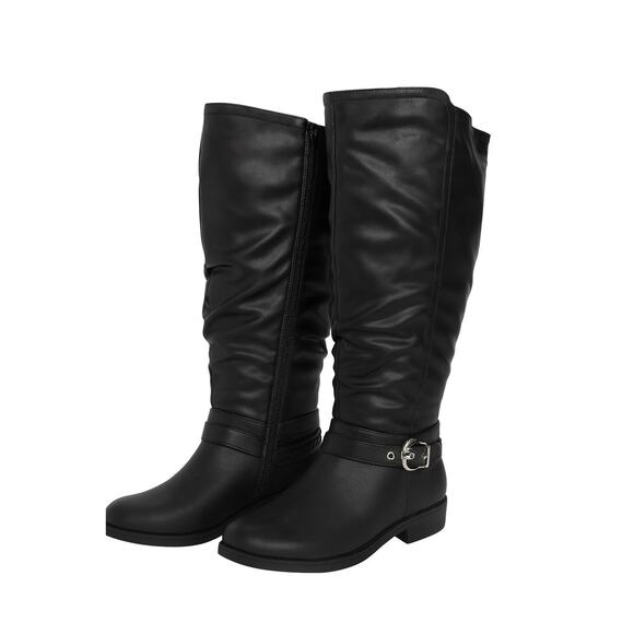 XOXO Marah-C Black Knee High Boots 8.5M Faux Leather Slouch Buckle Zip Riding - Picture 1 of 16